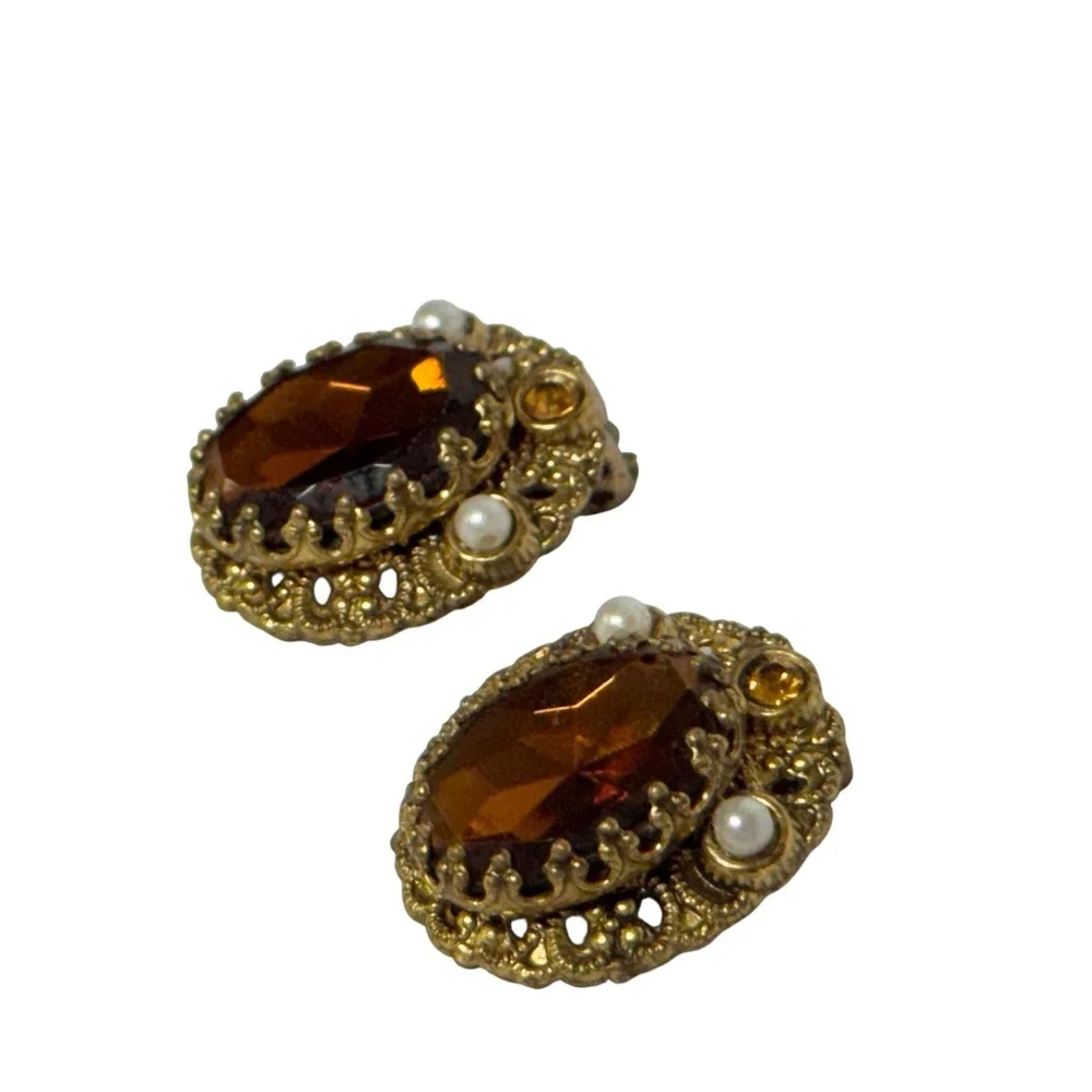 Vintage W Germany Clip On Earrings Brown‎ Jewel Faux Pearl Gold Tone Statement